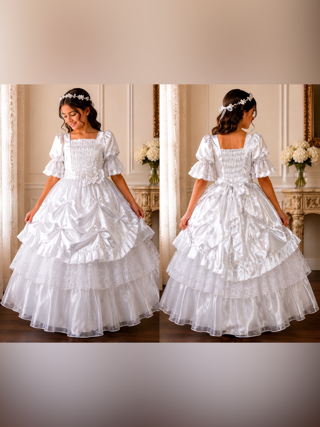 Premium White Satin And Lace First Communion Dress Princess Style